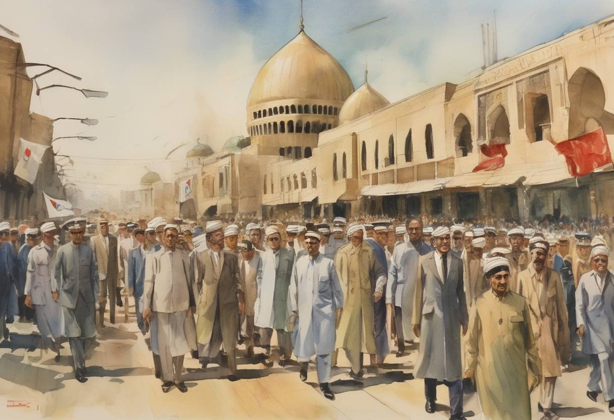 Watercolor painting based depiction of The Ba'ath Party came to power in Iraq after a coup d'état, marking the beginning of a period of Ba'athist rule. (1963)