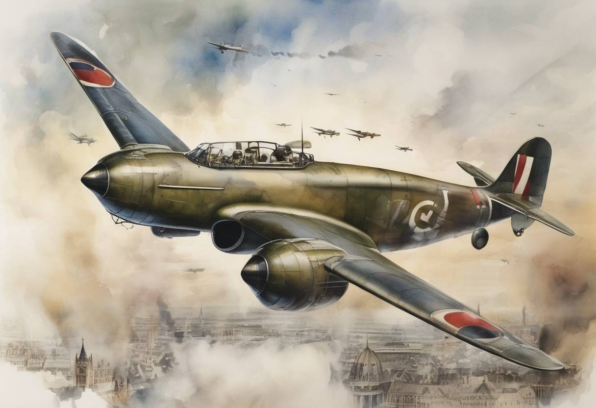 Watercolor painting based depiction of Germany launched the first V-1 flying bomb attack on London during World War II, marking the beginning of a new phase of aerial warfare. (1944)
