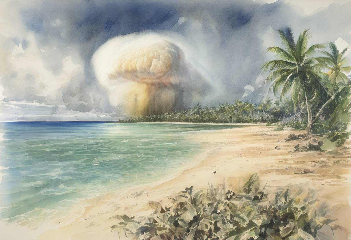 Watercolor painting based depiction of Britain tested its first hydrogen bomb on Malden Island in the Pacific Ocean, as part of Operation Grapple. (1957)