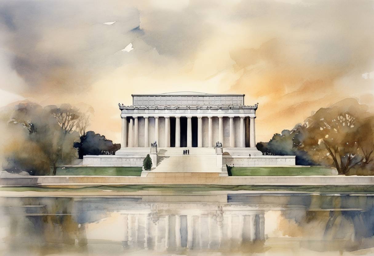 Watercolor painting based depiction of The Lincoln Memorial was dedicated in Washington, D.C. The monument honors Abraham Lincoln, the 16th President of the United States, and has become a symbol of American ideals. (1922)