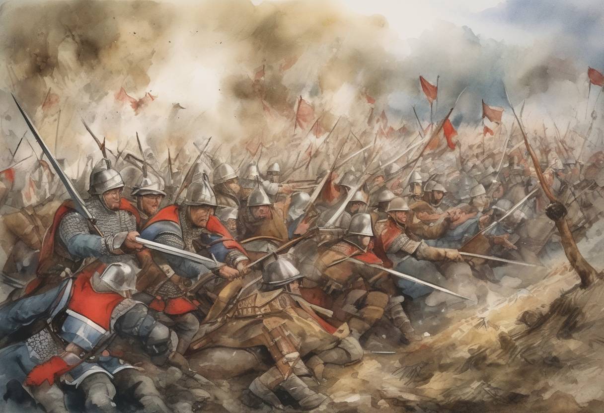 Watercolor painting based depiction of The Battle of Cedynia, the first documented battle in Polish history, took place. It was fought between the forces of Mieszko I of Poland and the forces of Odo I, Margrave of the Saxon Ostmark. (972)