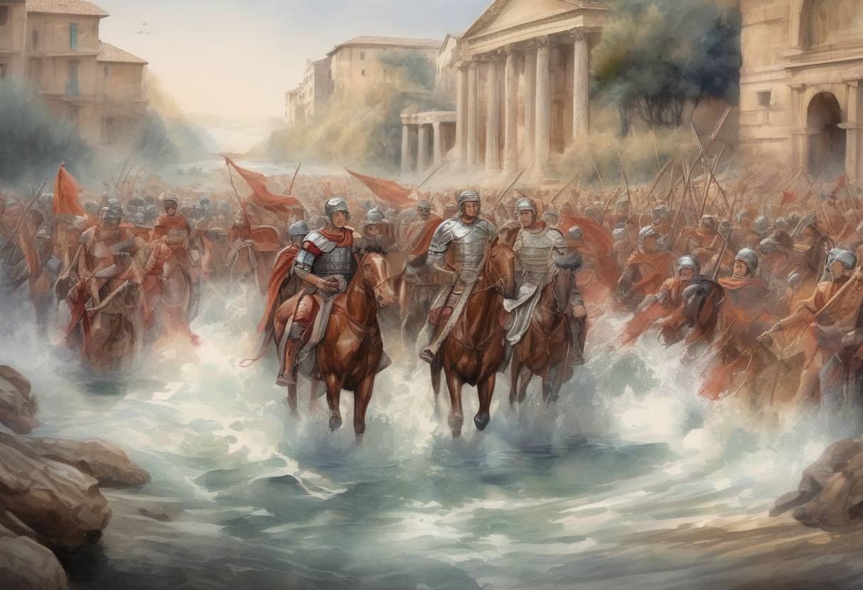 Watercolor painting based depiction of Julius Caesar crosses the Rubicon River, marking the start of the Roman Civil War. (49)