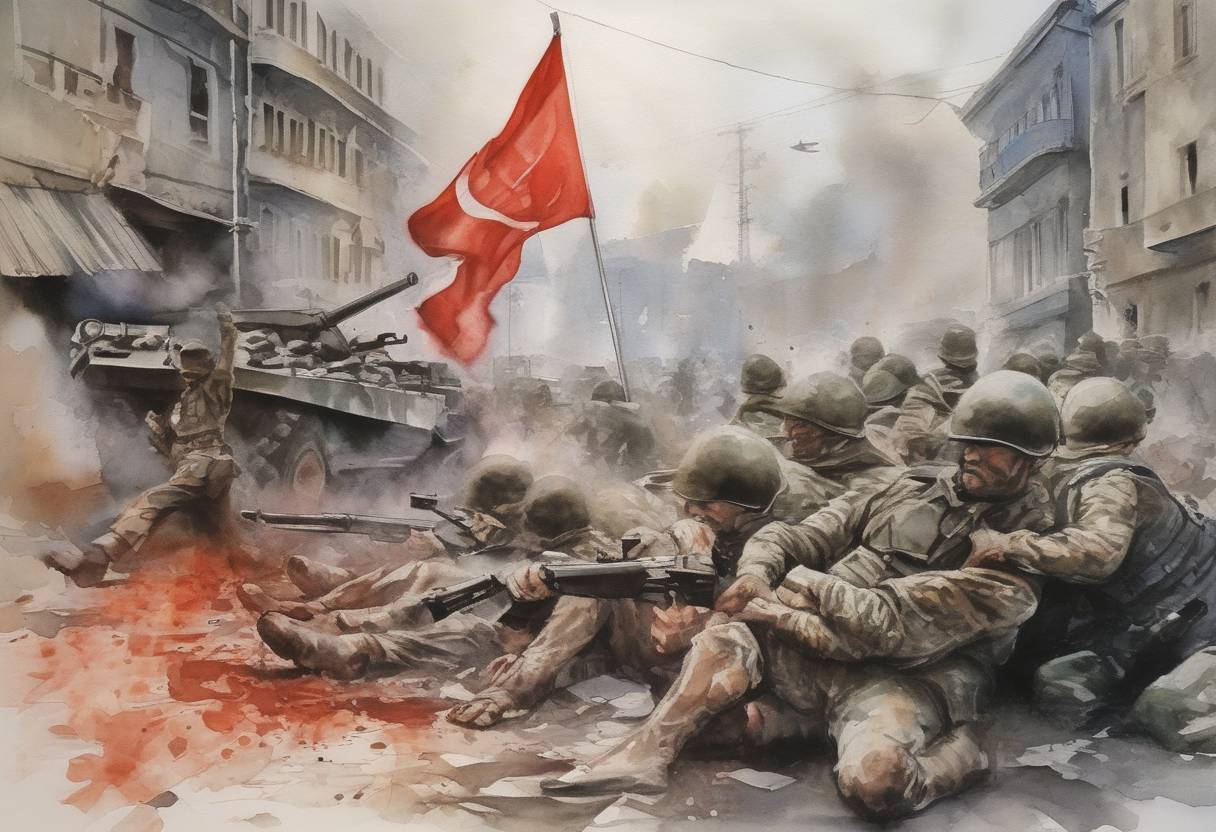 Watercolor painting based depiction of The Tbilisi Massacre occurred in Georgia, where Soviet troops attacked peaceful pro-independence demonstrators, resulting in numerous deaths and injuries. (1989)