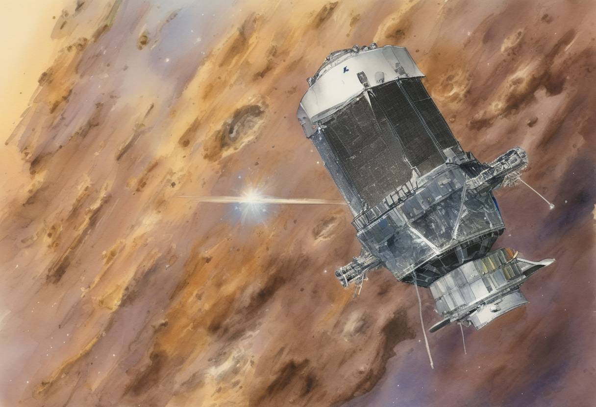 Watercolor painting based depiction of NASA's Stardust spacecraft successfully flies by Comet Wild 2, collecting samples of the comet's dust and returning them to Earth in 2006. (2004)