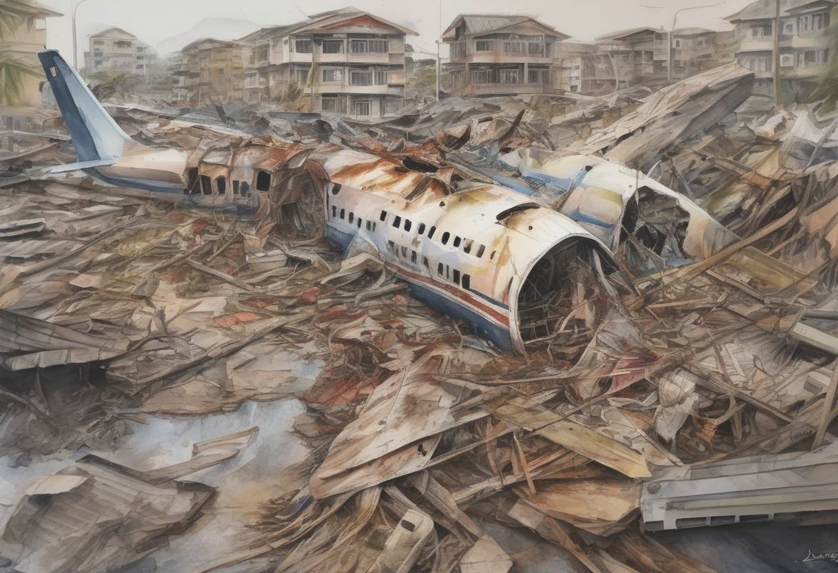 Watercolor painting based depiction of A plane crash in Lagos, Nigeria, killed all 153 people on board and an additional 10 people on the ground. (2012)