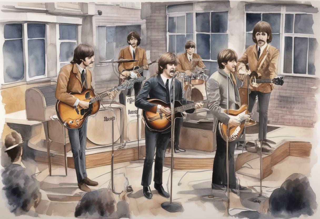 Watercolor painting based depiction of The Beatles performed an unannounced concert on the rooftop of Apple Records in London, their last public performance. (1969)