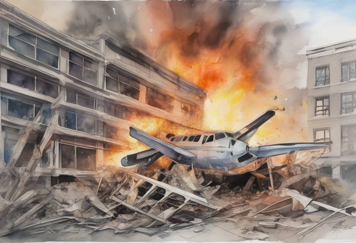 Watercolor painting based depiction of A plane crashed into an IRS building in Austin, Texas, in a suicide attack by Andrew Joseph Stack III, killing two people including the pilot. (2010)