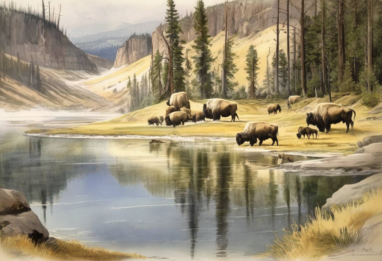 Watercolor painting based depiction of Yellowstone National Park was established as the first national park in the world, marking a significant step in the conservation movement. (1872)