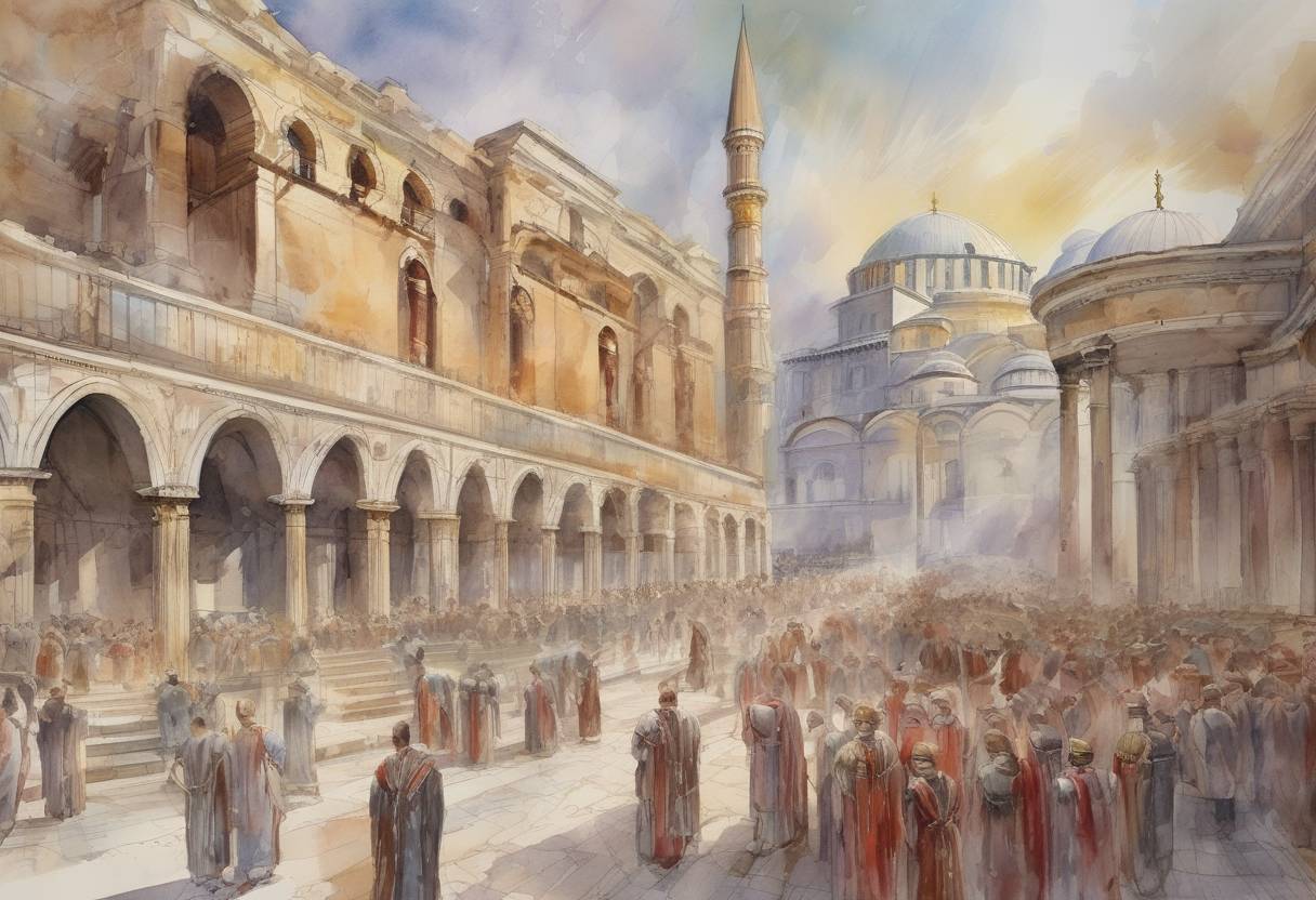 Watercolor painting based depiction of Constantinople is consecrated as the new capital of the Roman Empire by Emperor Constantine the Great. (330)