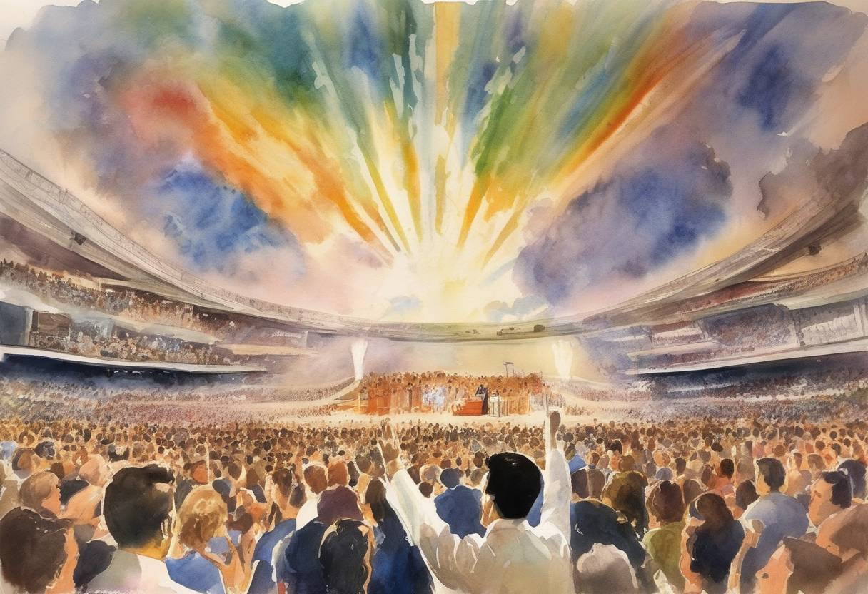 Watercolor painting based depiction of Elvis Presley's concert, Aloha from Hawaii, is broadcast live via satellite, making it the first worldwide satellite broadcast by an entertainer. (1973)