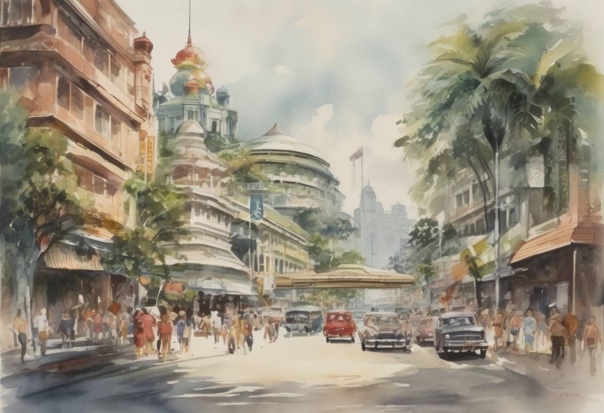 Watercolor painting based depiction of Singapore separated from Malaysia and became an independent republic. (1965)