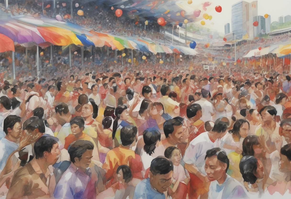 Watercolor painting based depiction of A stampede at the PhilSports Arena in Pasig City, Philippines, during the first anniversary celebration of the television show 'Wowowee' results in the deaths of 73 people and injuries to hundreds more. (2006)