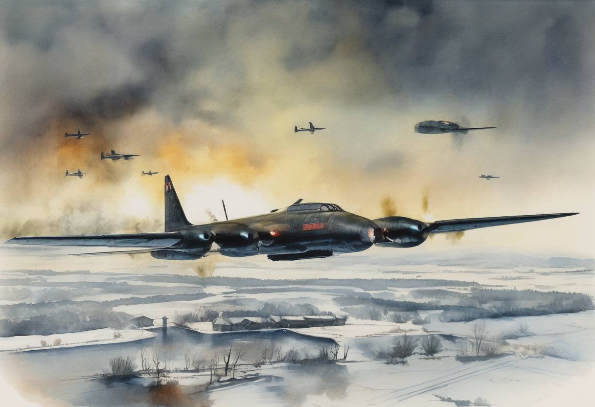 Watercolor painting based depiction of The U-2 incident occurred when an American U-2 spy plane was shot down over the Soviet Union, escalating Cold War tensions. (1960)