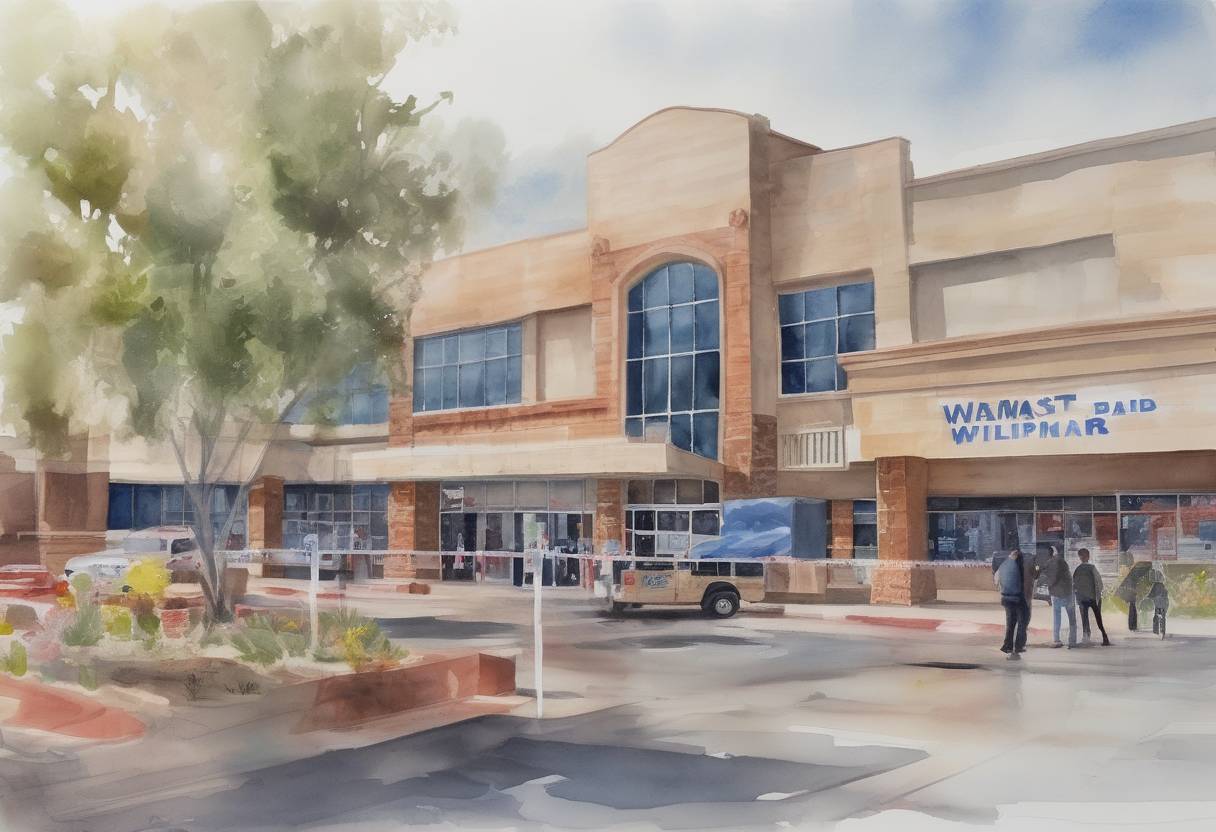 Watercolor painting based depiction of A mass shooting occurs at a Walmart store in El Paso, Texas, resulting in 23 deaths and 23 injuries. (2019)