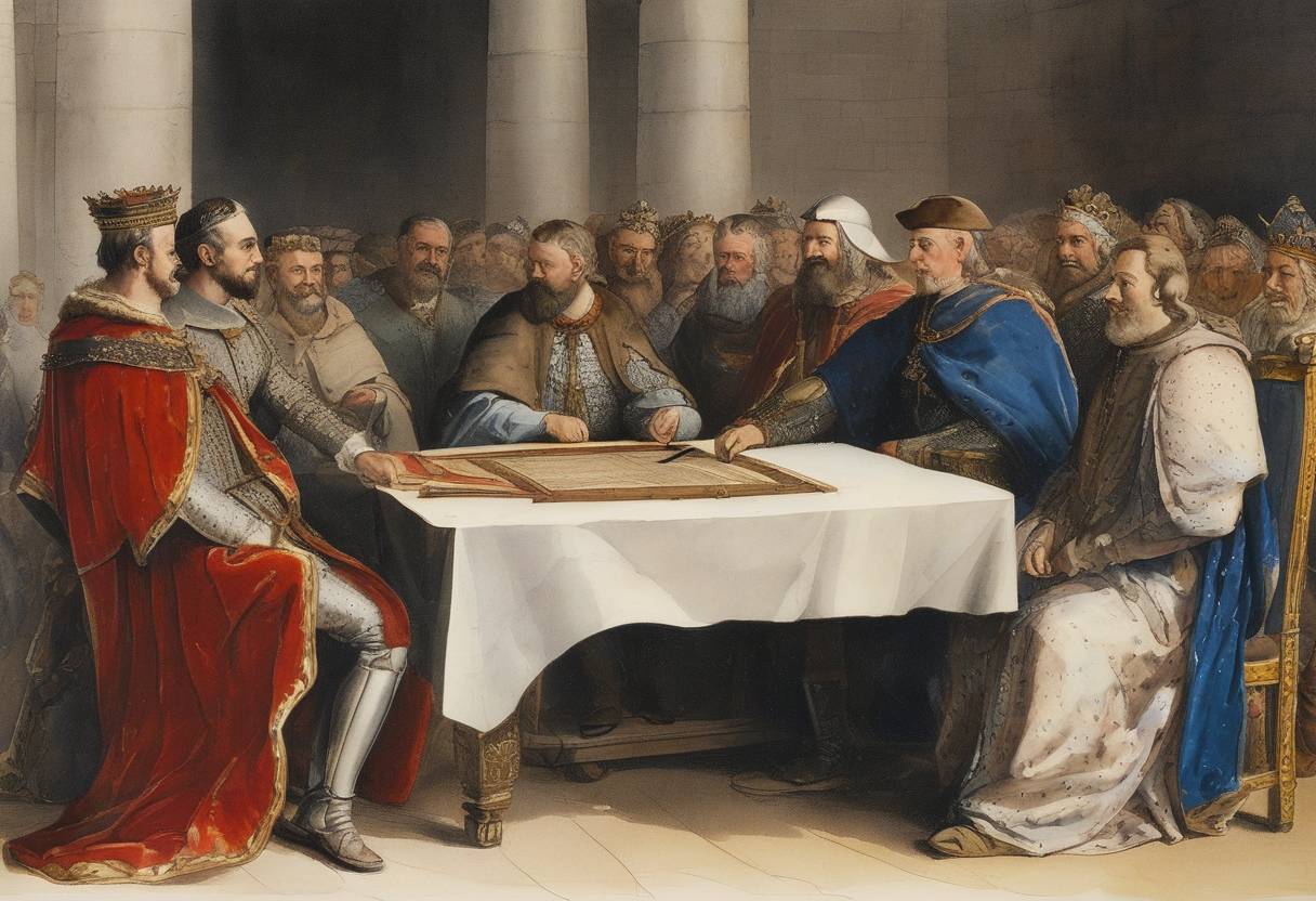 Watercolor painting based depiction of The Treaty of Boves is signed, resolving territorial disputes between Philip II of France and the Count of Flanders, Philip I. (1185)