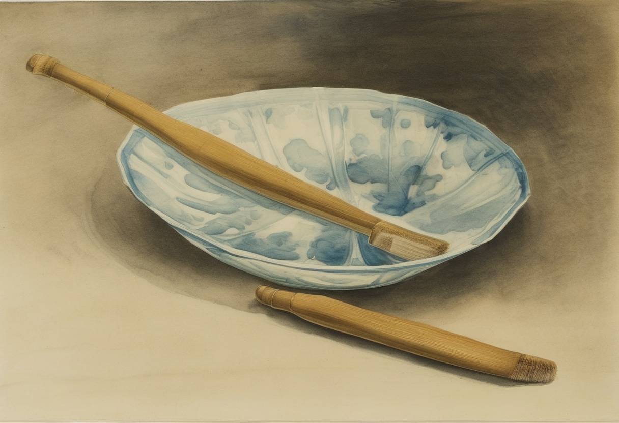 Watercolor painting based depiction of The toothbrush, a significant advancement in personal hygiene products, was first created by Chinese innovators using bristles from hogs attached to a handle made of bamboo or bone. (1498)