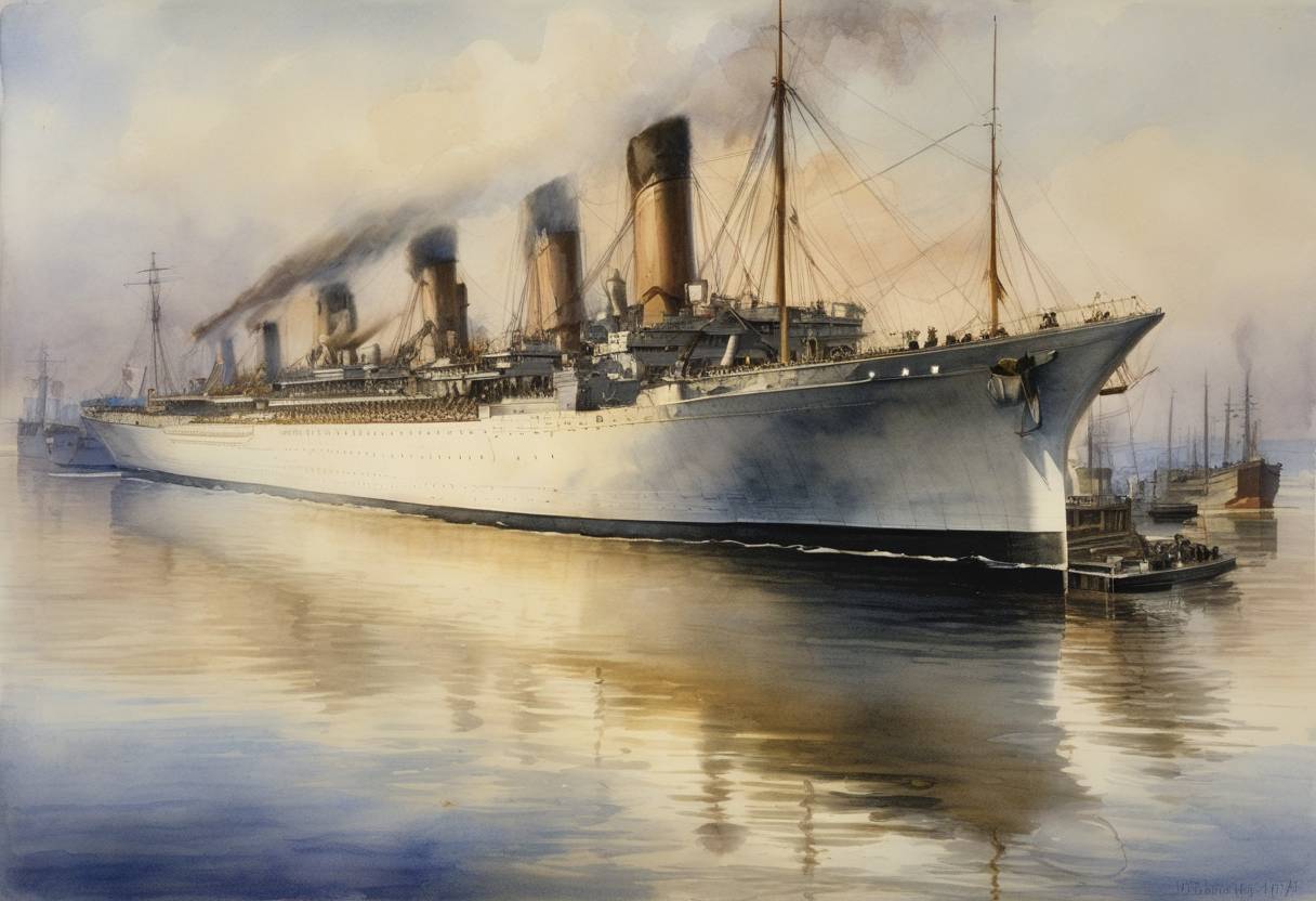 Watercolor painting based depiction of The Great White Fleet, a United States Navy fleet sent by Theodore Roosevelt on a worldwide tour, returned to Hampton Roads, Virginia, after a journey of over a year symbolizing America's emerging blue-water navy capability. (1909)
