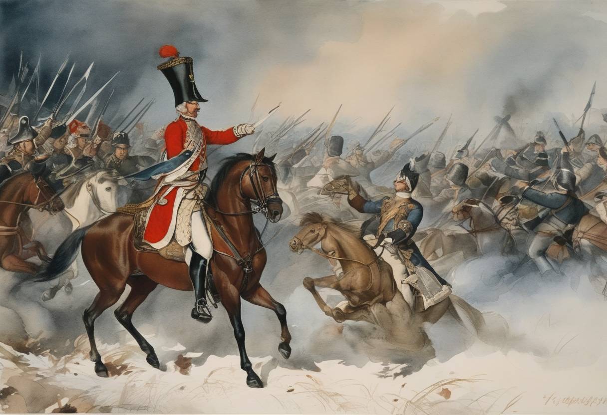 Watercolor painting based depiction of Frederick II of Prussia defeats the Austrian army at the Battle of Mollwitz during the War of Austrian Succession. (1741)