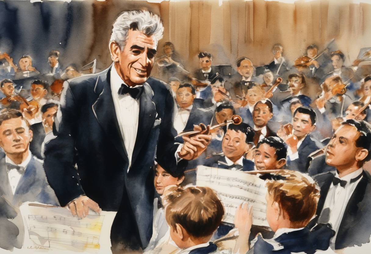 Watercolor painting based depiction of New York City Philharmonic conductor Leonard Bernstein presented a series of 53 televised music-appreciation concerts for children over CBS-TV beginning with the first episode titled 'What Does Music Mean?' (1957)