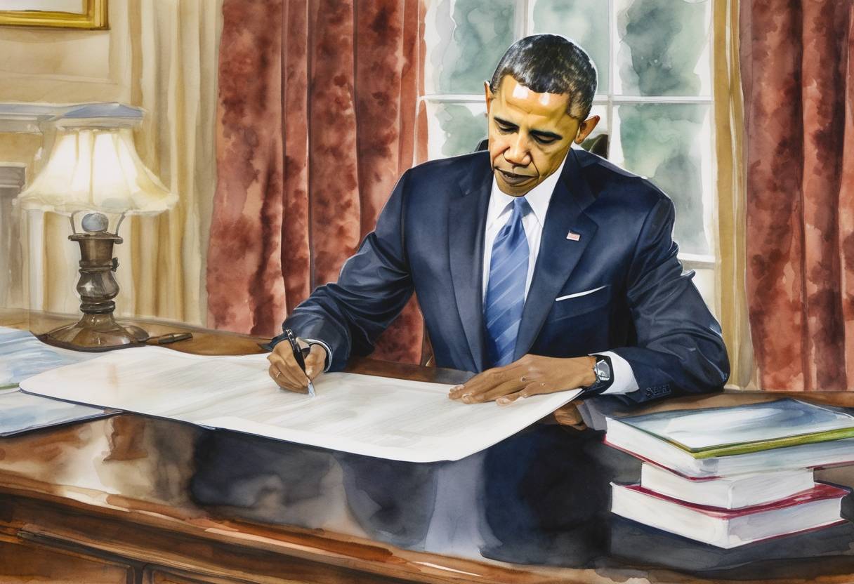 Watercolor painting based depiction of President Barack Obama signs a presidential memorandum allowing hospital visits and medical decision-making rights for same-sex couples, an important step towards the legalization of same-sex marriage and equal rights in the United States. (2009)