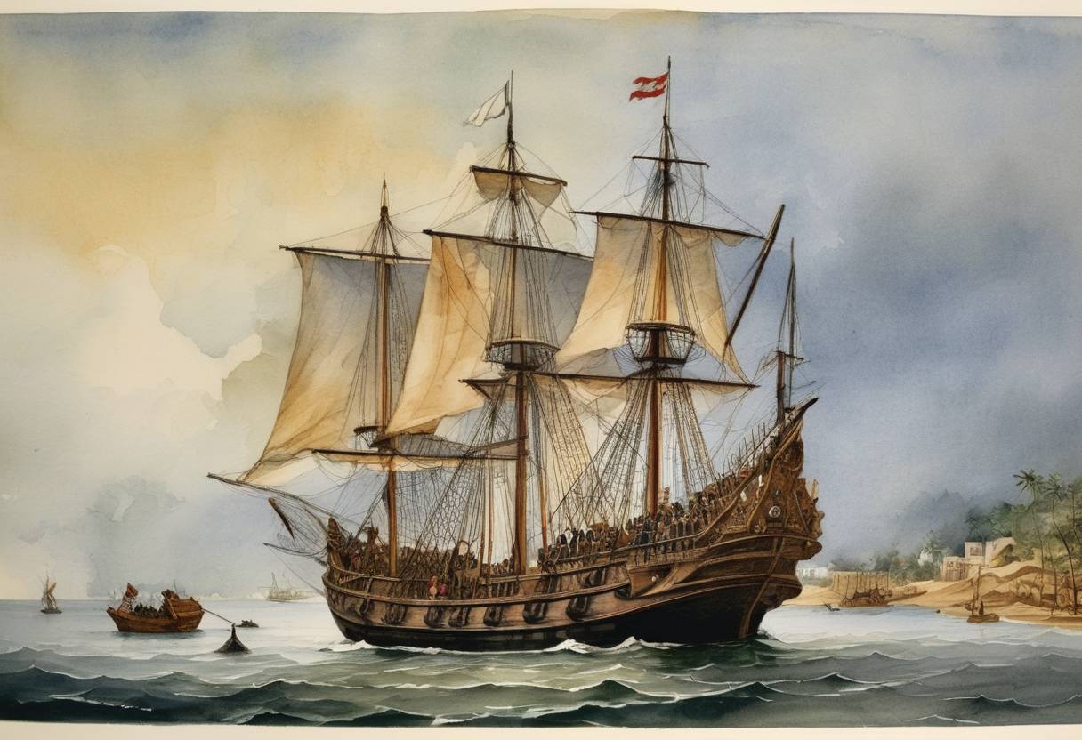 Watercolor painting based depiction of Portuguese explorer Vasco da Gama reaches the port of Calicut (now Kozhikode) in India, marking the first time a European reached India by sea. This event established a sea route from Europe to Asia, which had profound effects on global trade and the expansion of European empires. (1498)