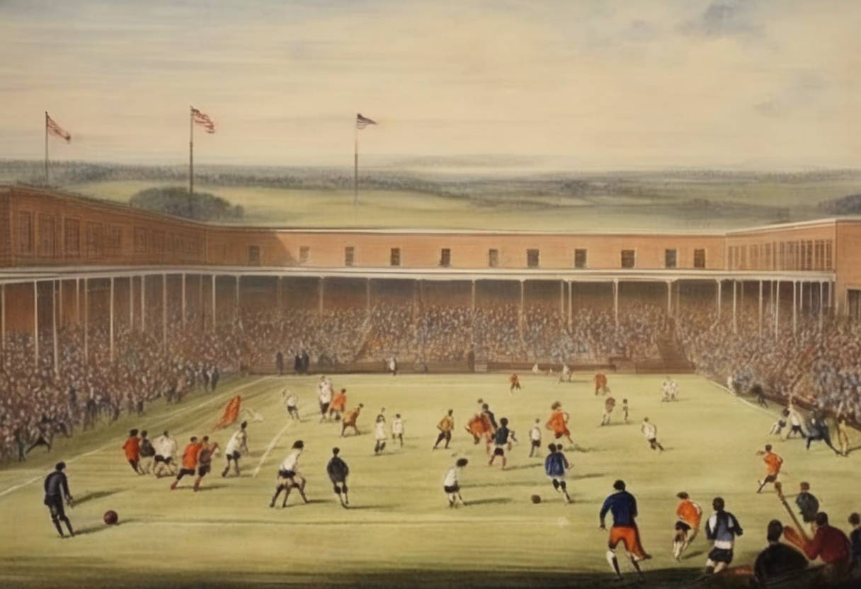 Watercolor painting based depiction of The first intercollegiate soccer game in the United States is played between Rutgers University and Princeton University. (1869)