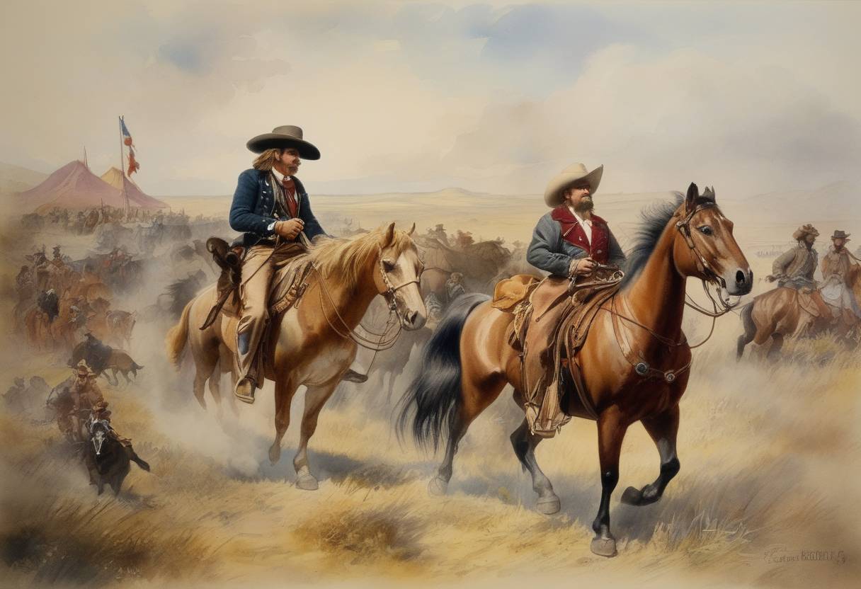 Watercolor painting based depiction of Buffalo Bill's Wild West Show opened in London, marking an important moment in the cultural exchange between the United States and the United Kingdom, as it showcased American frontier life to a European audience. (1887)