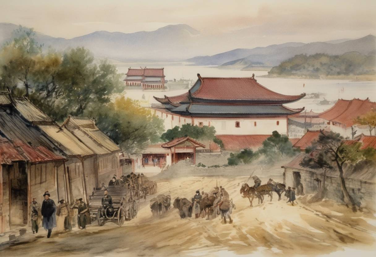 Watercolor painting based depiction of The Russian garrison at Port Arthur surrendered to Japanese forces after a nearly year-long siege during the Russo-Japanese War, marking a significant turning point in the conflict. The fall of Port Arthur was a major blow to Russian military prestige and contributed to the eventual loss of Russia in the war. (1905)
