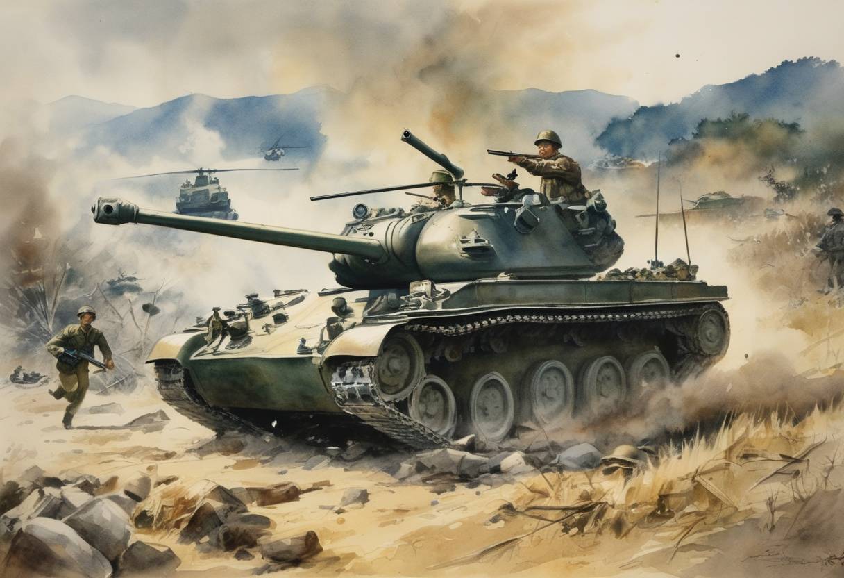 Watercolor painting based depiction of The United States engaged in its first military action of the Korean War during the Battle of Osan, resulting in a withdrawal against North Korean forces. (1950)