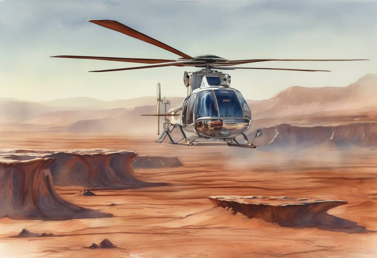 Watercolor painting based depiction of NASA's Mars Helicopter Ingenuity performs its first flight on Mars, marking the first powered, controlled flight on another planet. (2021)