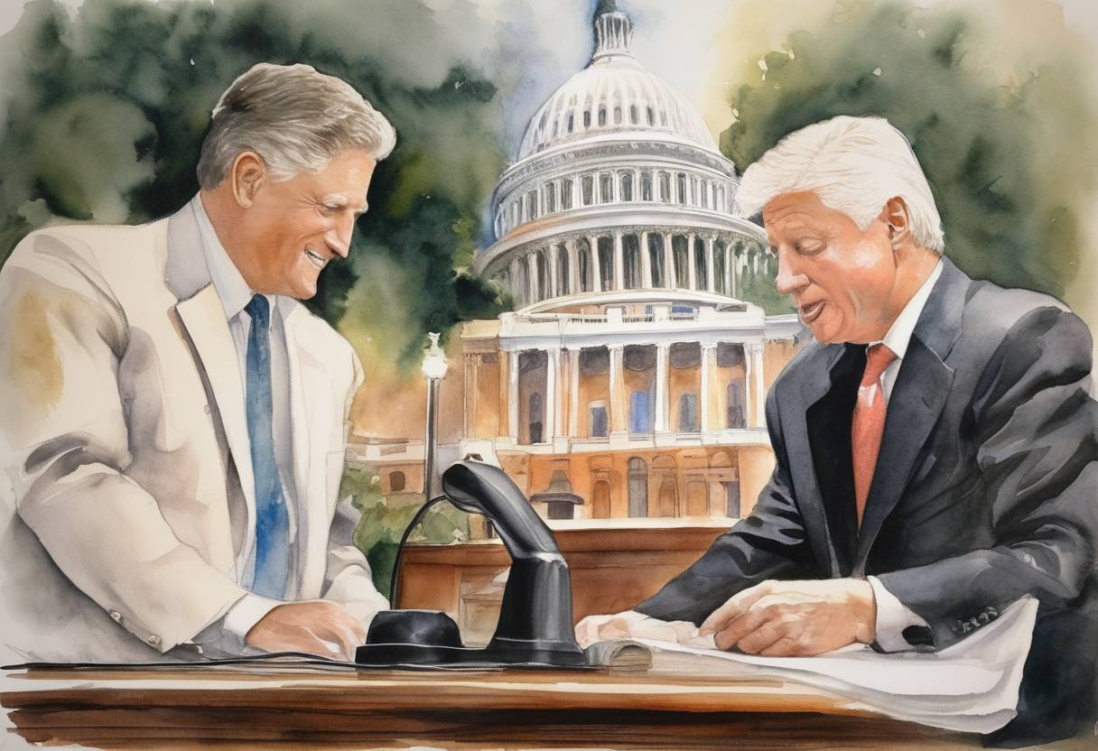 Watercolor painting based depiction of The Telecommunications Act of 1996 was signed into law by President Bill Clinton, the first major overhaul of telecommunication law in more than sixty years. (1996)