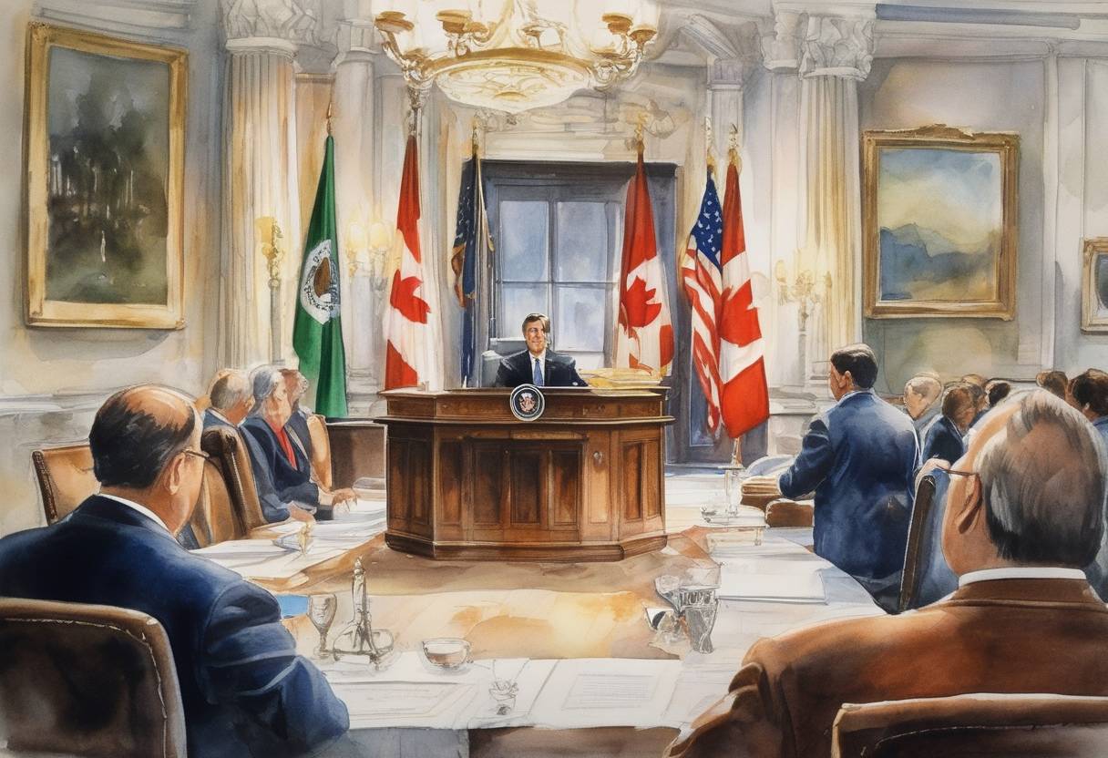 Watercolor painting based depiction of The North American Free Trade Agreement (NAFTA) officially came into effect, establishing a free-trade zone between the United States, Canada, and Mexico. (1994)