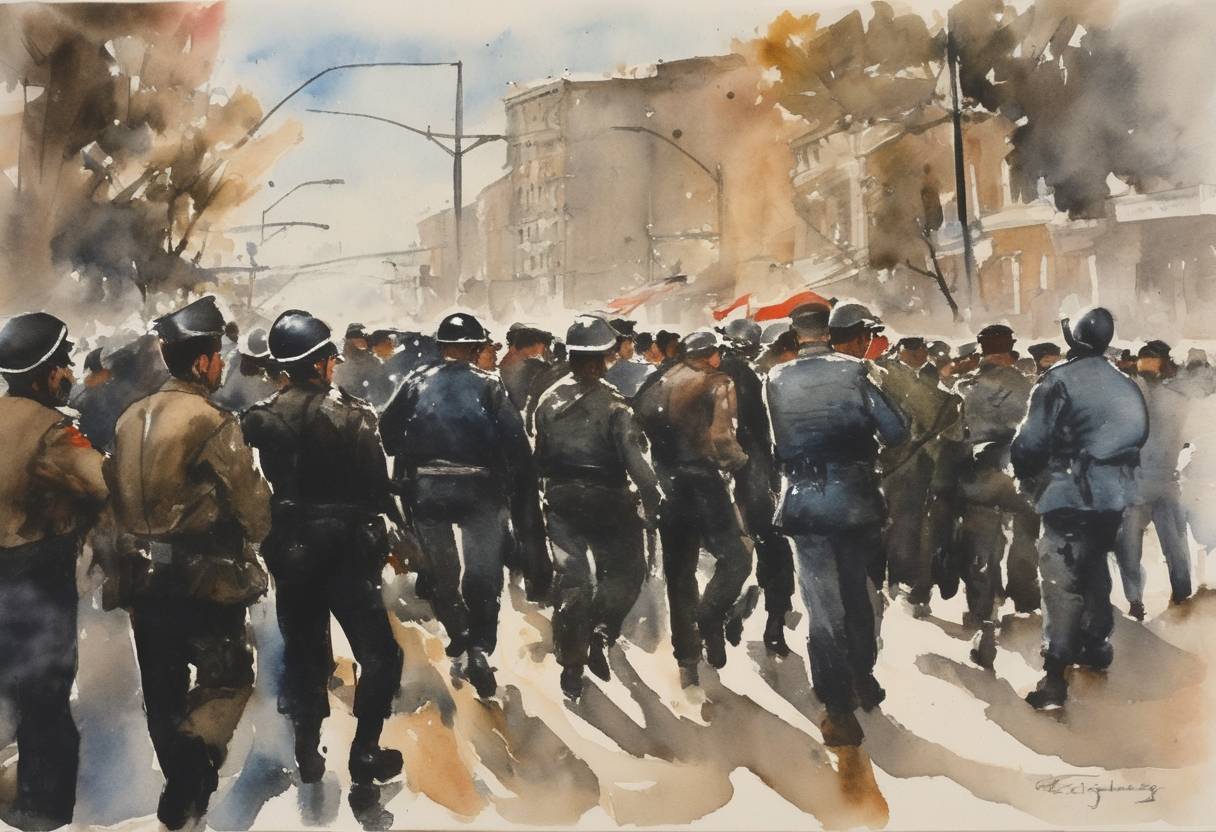 Watercolor painting based depiction of The Greek left police made several arrests during a major demonstration against the establishment of a NATO missile base. (1963)