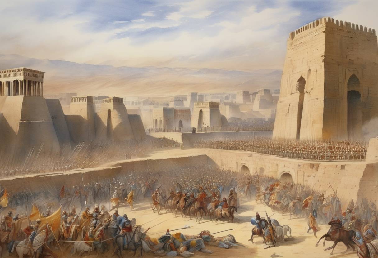 Watercolor painting based depiction of The Battle of Ctesiphon takes place during the Roman-Persian Wars, marking a significant engagement where the Roman Emperor Julian attempts to capture the Persian capital but ultimately fails. (363)