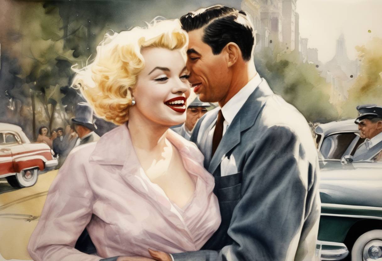 Watercolor painting based depiction of Marilyn Monroe marries Joe DiMaggio. (1954)