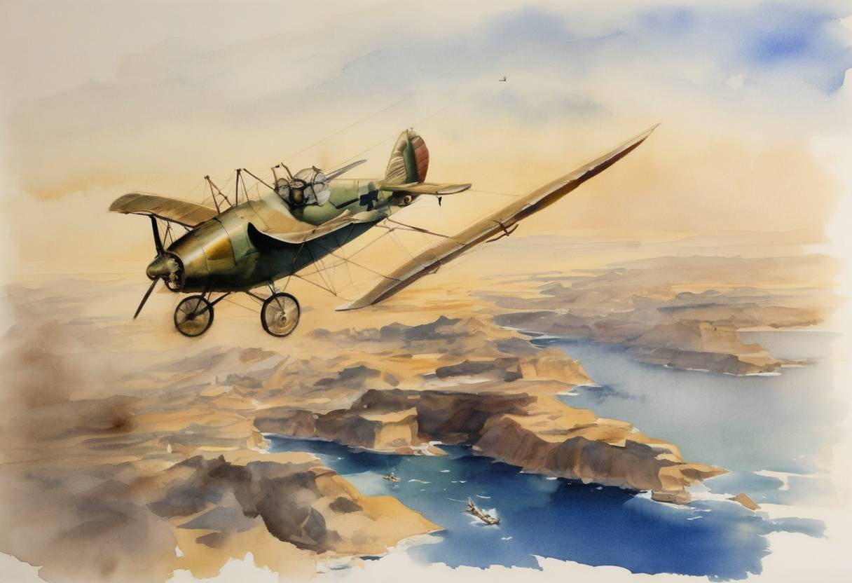 Watercolor painting based depiction of The first use of aircraft in war took place as the Italian pilot Lieutenant Gavotti dropped bombs on Ain Zara, Libya, during the Italo-Turkish War. (1911)