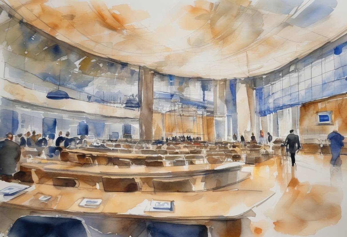 Watercolor painting based depiction of The European Union finalized a landmark agreement to pass legislation aimed at regulating digital platforms, specifically targeting 'Big Tech' companies. This Digital Services Act was designed to improve accountability, transparency, and compliance with regulations. (2022)