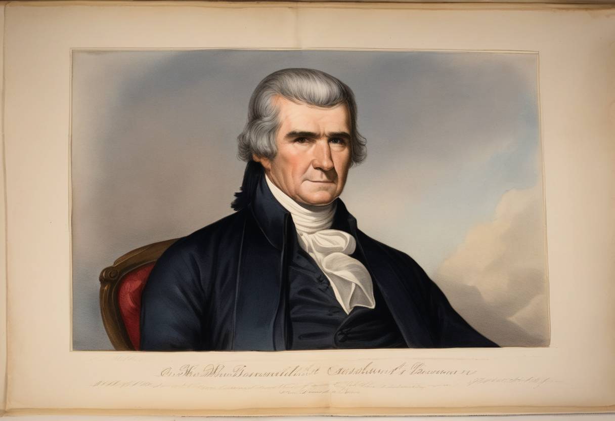 Watercolor painting based depiction of John Marshall was appointed as the Chief Justice of the United States by President John Adams. Marshall's influence on the Supreme Court, including establishing the principles of constitutional law and judicial review, became profound. (1801)