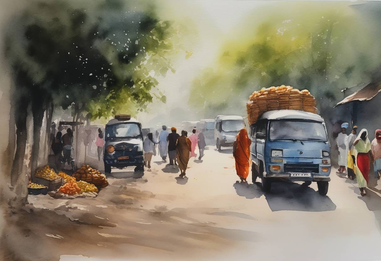 Watercolor painting based depiction of India's Supreme Court ordered the government to provide substantial aid to migrant workers who had been adversely impacted by the COVID-19 pandemic, emphasizing the need for proper food and transportation. (2021)