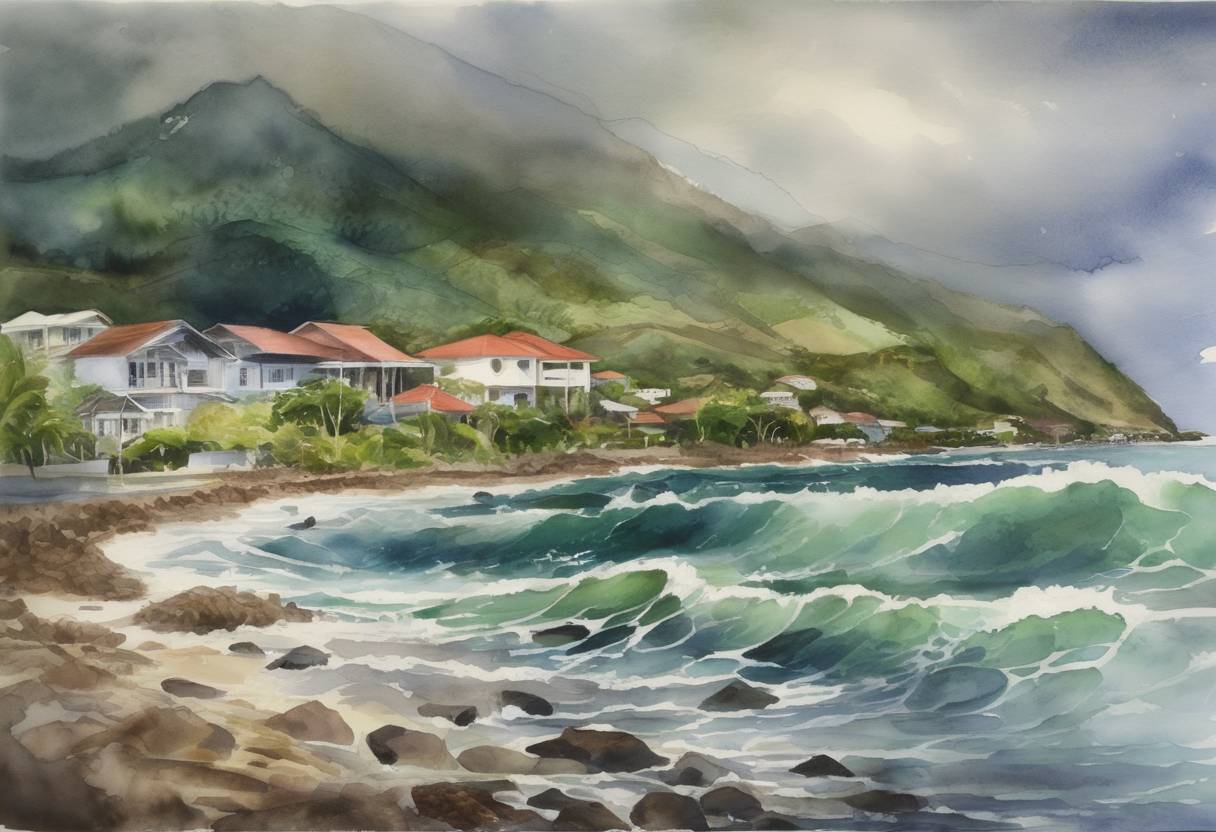 Watercolor painting based depiction of Hurricane Emily strengthens into a Category 4 hurricane and impacts Grenada, resulting in significant damage to infrastructure and forcing many to evacuate. It was part of the turbulent 2005 Atlantic hurricane season. (2005)