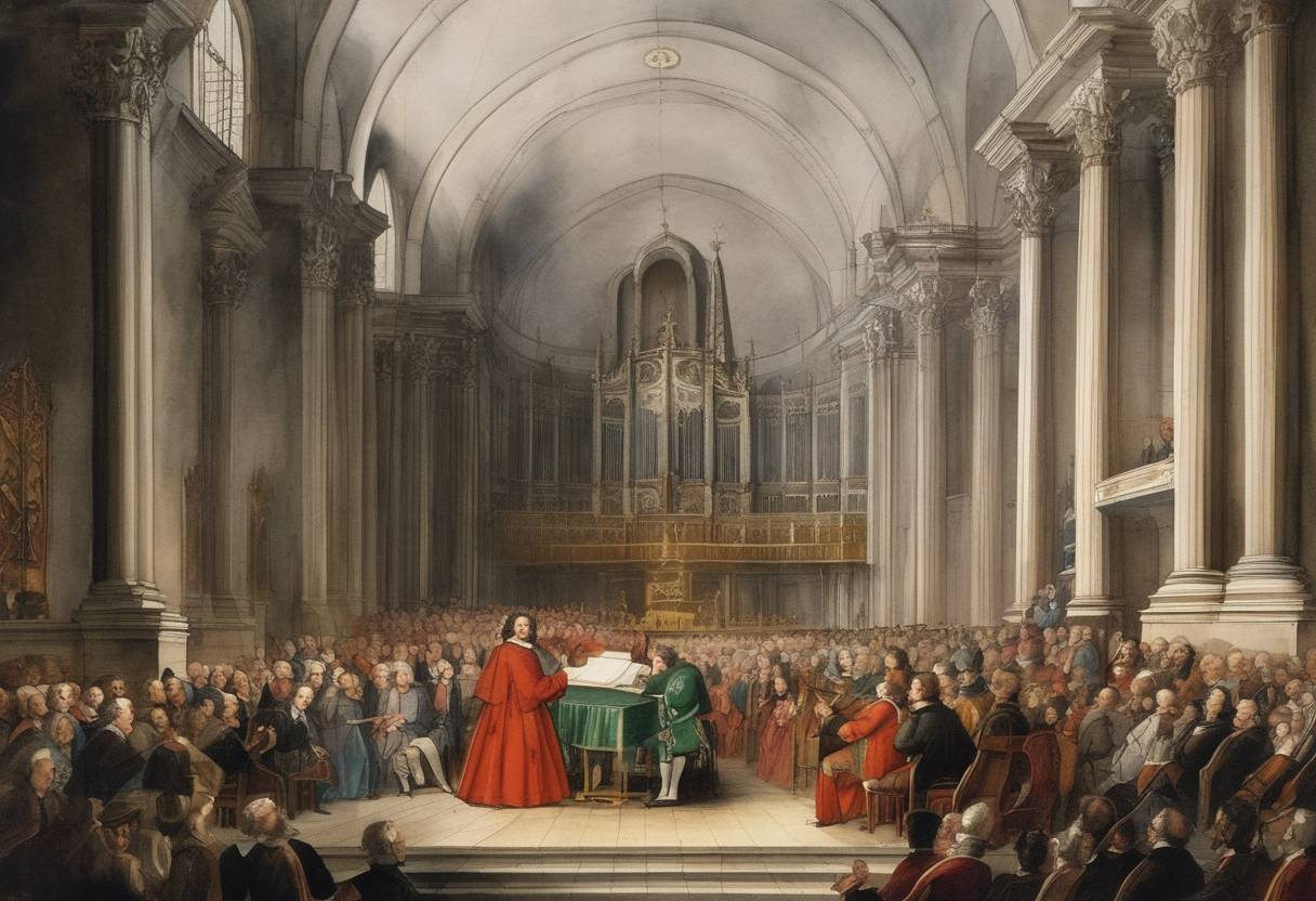 Watercolor painting based depiction of The premiere of Johann Sebastian Bach's 'St John Passion' took place. (1717)