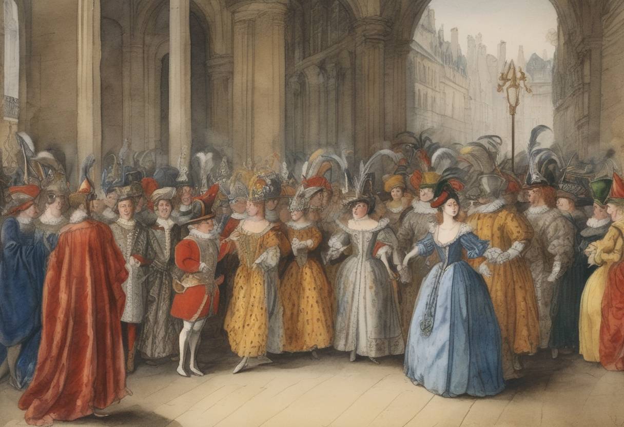 Watercolor painting based depiction of During a masquerade ball at the court of Charles VI of France, the 'Bal des Ardents' occurs, where several dancers, disguised as wild men in flammable costumes, are accidentally set on fire, resulting in the deaths of four knights. The incident highlights the dangers of court entertainment and the instability of Charles's reign. (1393)