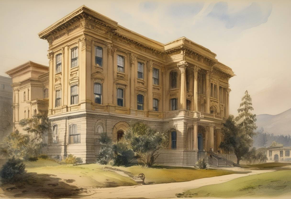 Watercolor painting based depiction of The University of California, initially consisting of the College of California and the Agricultural, Mining, and Mechanical Arts College, is chartered. (1868)