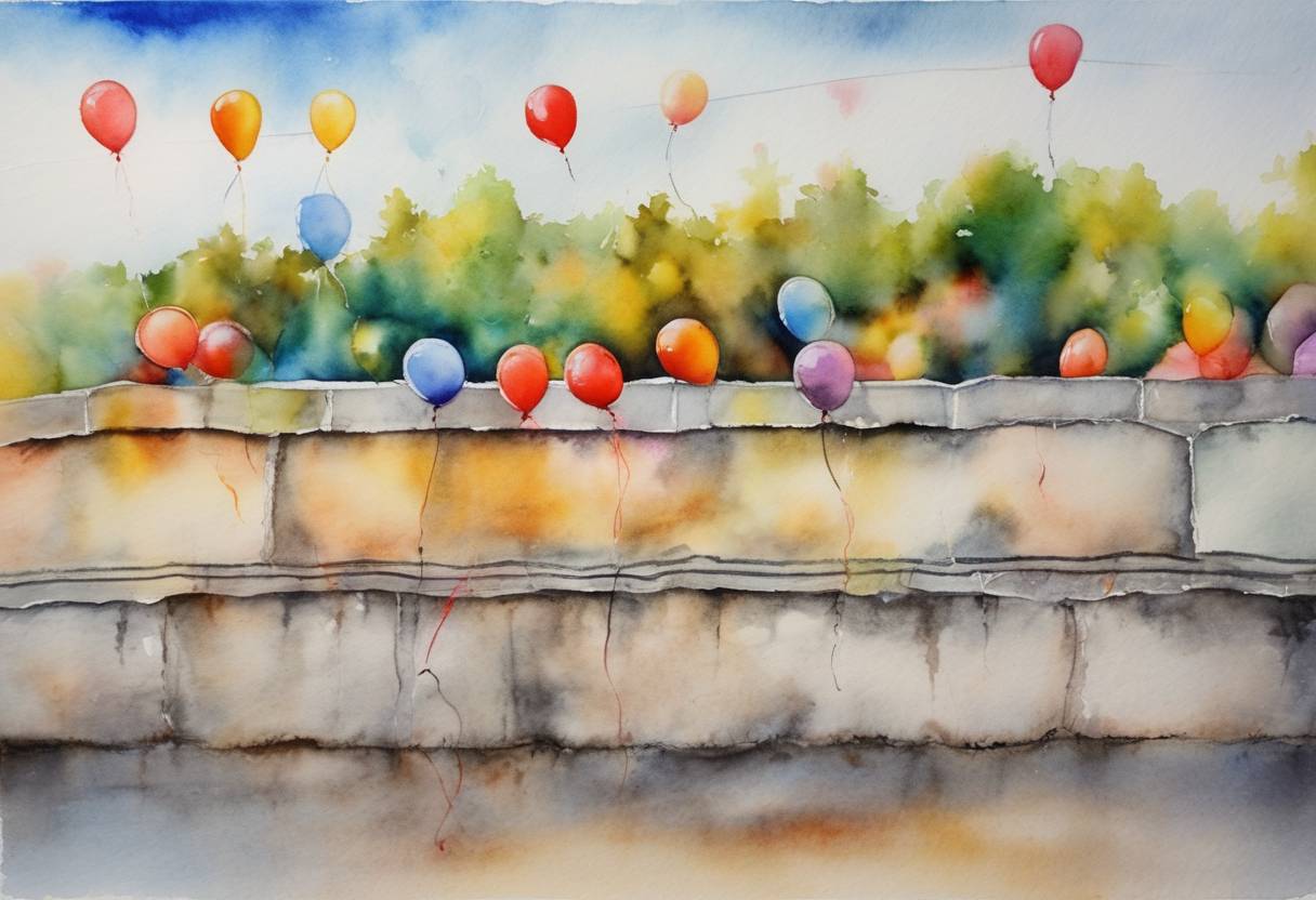 Watercolor painting based depiction of Germany celebrates the 25th anniversary of the fall of the Berlin Wall with events across the country, including the release of balloons along the former wall's path. (2014)