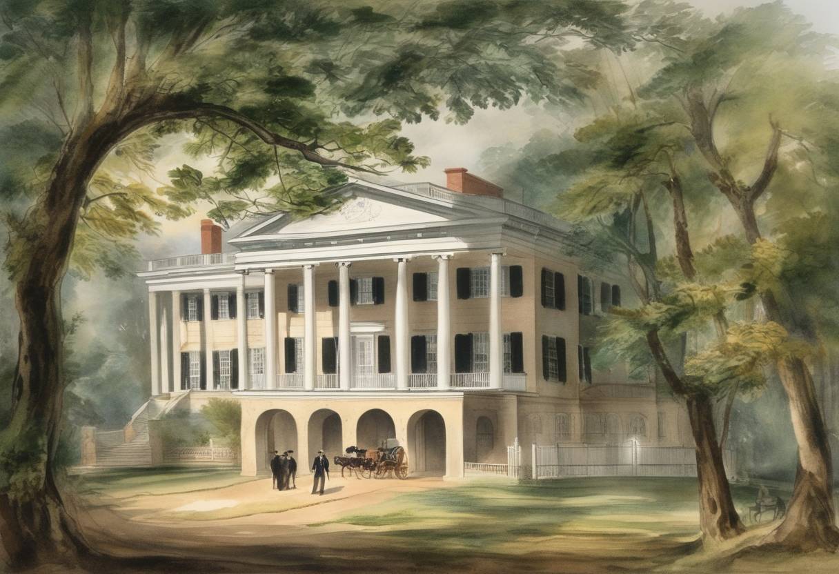 Watercolor painting based depiction of Andrew Jackson, the seventh president of the United States, passed away at his plantation, The Hermitage, near Nashville, Tennessee. His presidency is known for significant political changes, including the expansion of democratic rights and the controversial Indian Removal Act. (1845)