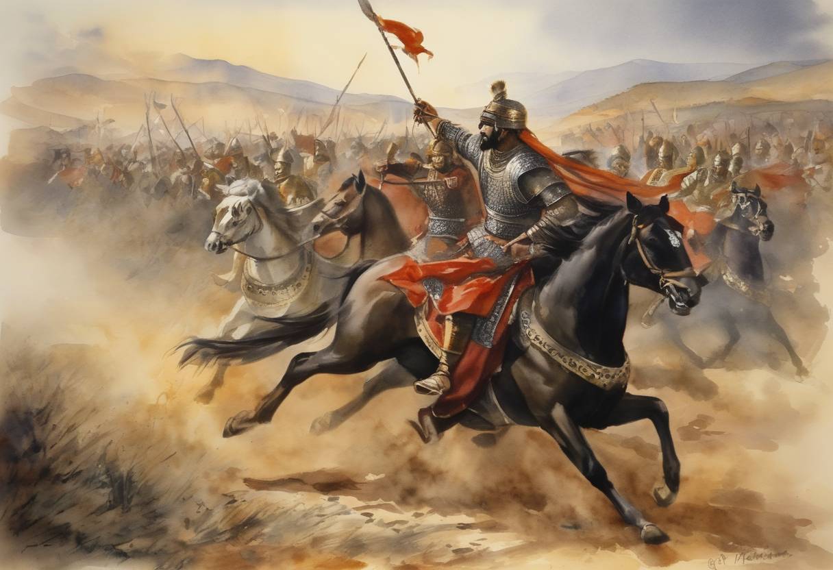 Watercolor painting based depiction of A significant battle during the Byzantine-Sassanian wars took place, known as the Battle of Gardman, in which the Sassanid Empire defeated the Byzantine forces, causing a shift in regional power. (619)