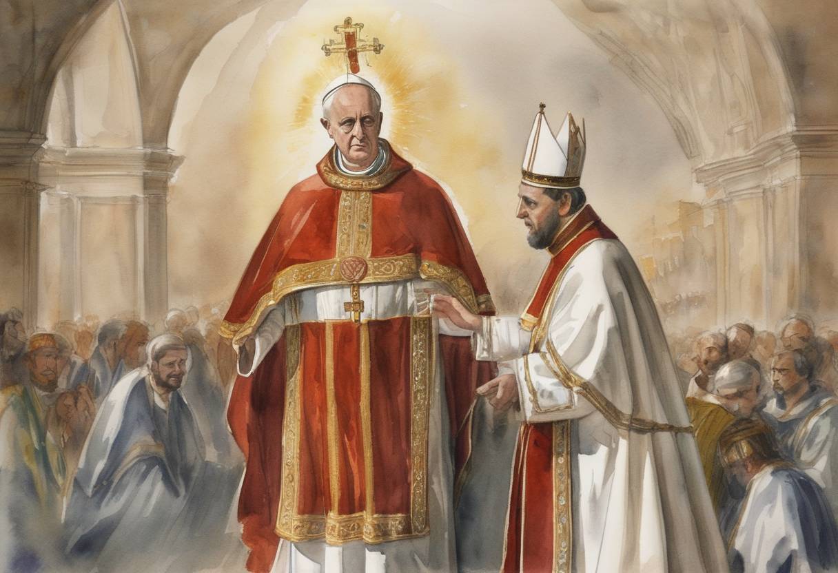 Watercolor painting based depiction of Pope Stephen II, who was elected to the papacy after the death of Pope Zachary, died before being consecrated. As he had not been officially consecrated, he is sometimes omitted from the official list of popes. (752)