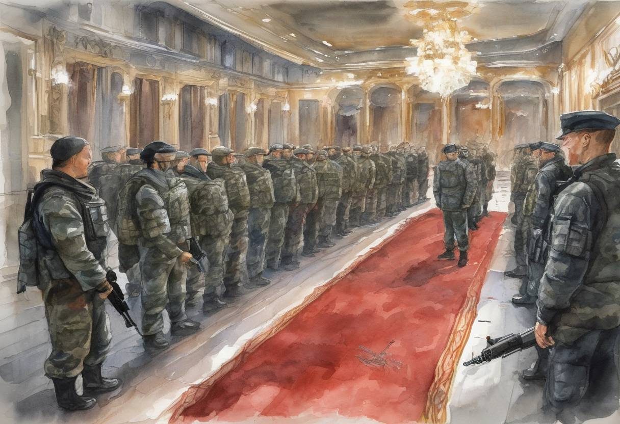 Watercolor painting based depiction of The Moscow theater hostage crisis ended with a controversial Russian special forces operation that resulted in the deaths of 130 hostages, including 40 attackers, after a three-day siege by Chechen rebels. (2002)