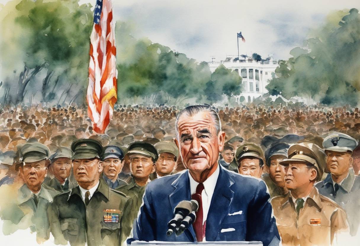 Watercolor painting based depiction of U.S. President Lyndon B. Johnson announces a halt to the bombing of North Vietnam in a bid to seek a negotiated end to the Vietnam War. (1968)