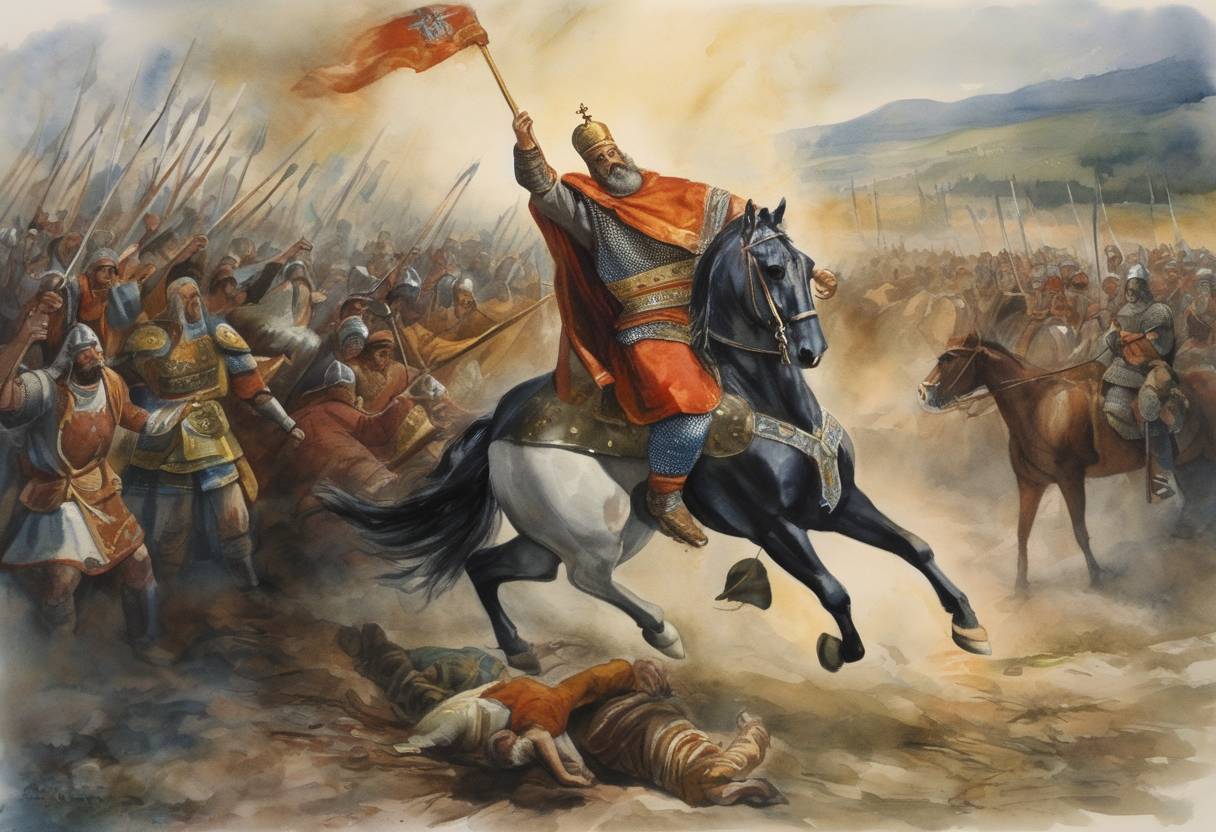 Watercolor painting based depiction of Byzantine Emperor Basil II emerges victorious against a Bulgarian revolt led by Gavril Radomir at the Battle of Kleidion. (1014)